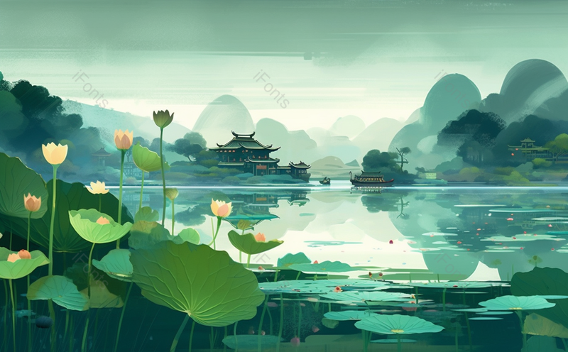 绿色的池塘里荷花盛开景观设计古典中国风插画背景壁纸,插画/手绘图,插画/手绘图库,插画/手绘图下载,插画/手绘